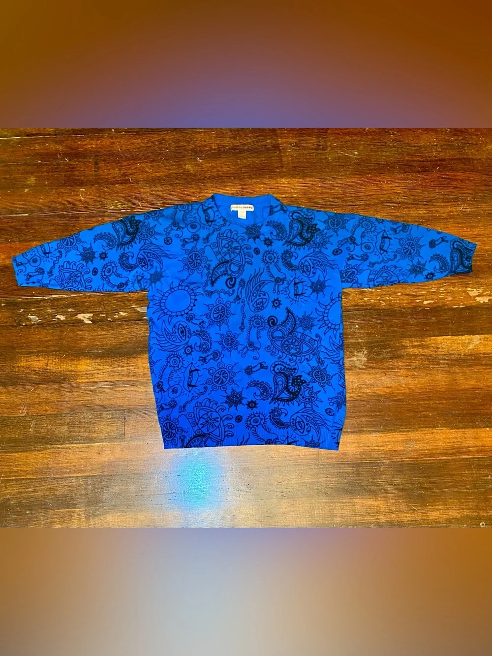 TRUE VINTAGE 1980s/90s Checkmates 95% Wool Blue Funky Patterned Crewneck Sweater